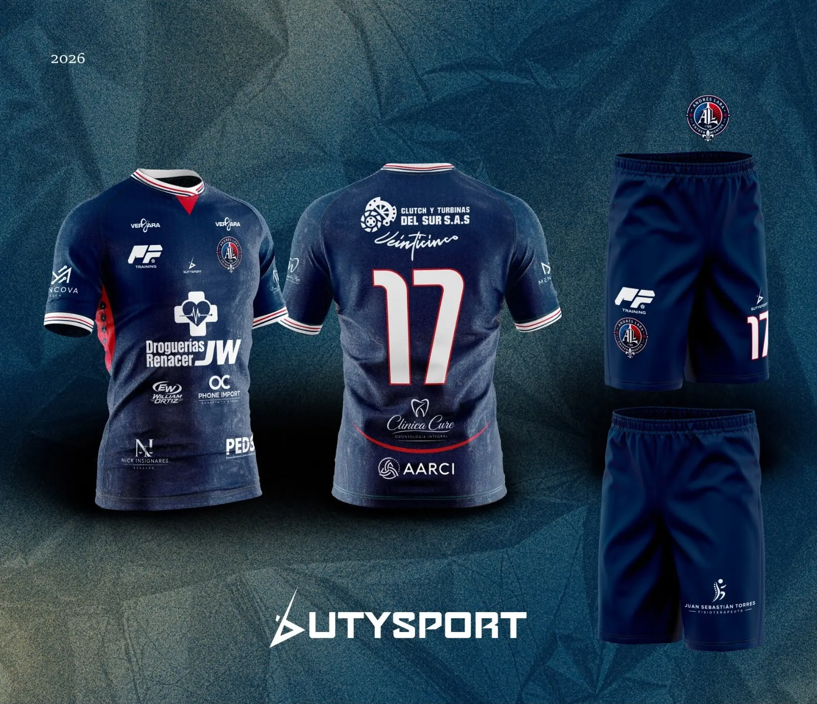 Indumentaria 2026: camiseta, pantaloneta y los logos de las marcas que acompañan el proyecto